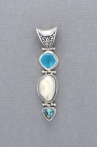 Sterling Silver Pendant with Elk Ivory, Chalcedony, & Turquoise